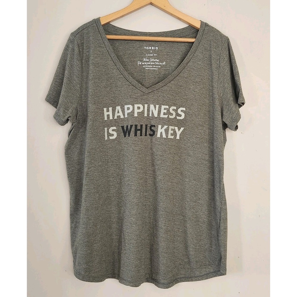 TORRID Womens 2 2X Happiness Is Whiskey Olive Green T Shirt V Neck Classic Fit